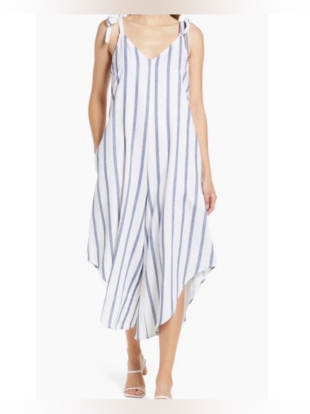 Vince Camuto Jumpsuit White Blue Striped Tie-Shoulder Midi Relaxed Fit Scarf Hem